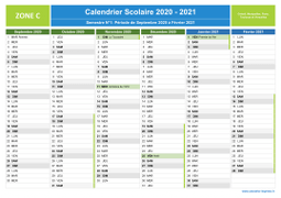 Calendrier scolaire 2020-2021 avec jours fériés de la Zone C à imprimer - 1er et 2nd semestre