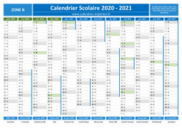 Calendrier scolaire 2020-2021 avec jours fériés - Zone B à imprimer