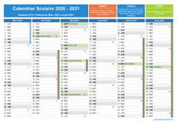 Calendrier scolaire 2020-2021 avec jours fériés et numéros de semaine - Zones A-B-C - 2nd semestre