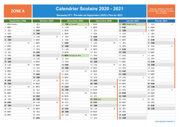 Calendrier scolaire 2020-2021 avec jours fériés et numéros de semaine - Zone A - 1er semestre