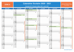 Calendrier scolaire 2020-2021 avec jours fériés et numéros de semaine - Zone A - 2nd semestre