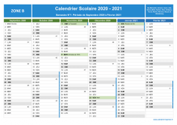Calendrier scolaire 2020-2021 avec jours fériés et numéros de semaine - Zone B - 1er semestre