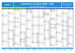 Calendrier scolaire 2020-2021 avec jours fériés et numéros de semaine - Zone B