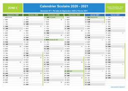 Calendrier scolaire 2020-2021 avec jours fériés et numéros de semaine - Zone C - 1er semestre