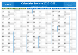 Calendrier scolaire 2020-2021 - Zone B à télécharger gratuit et imprimer