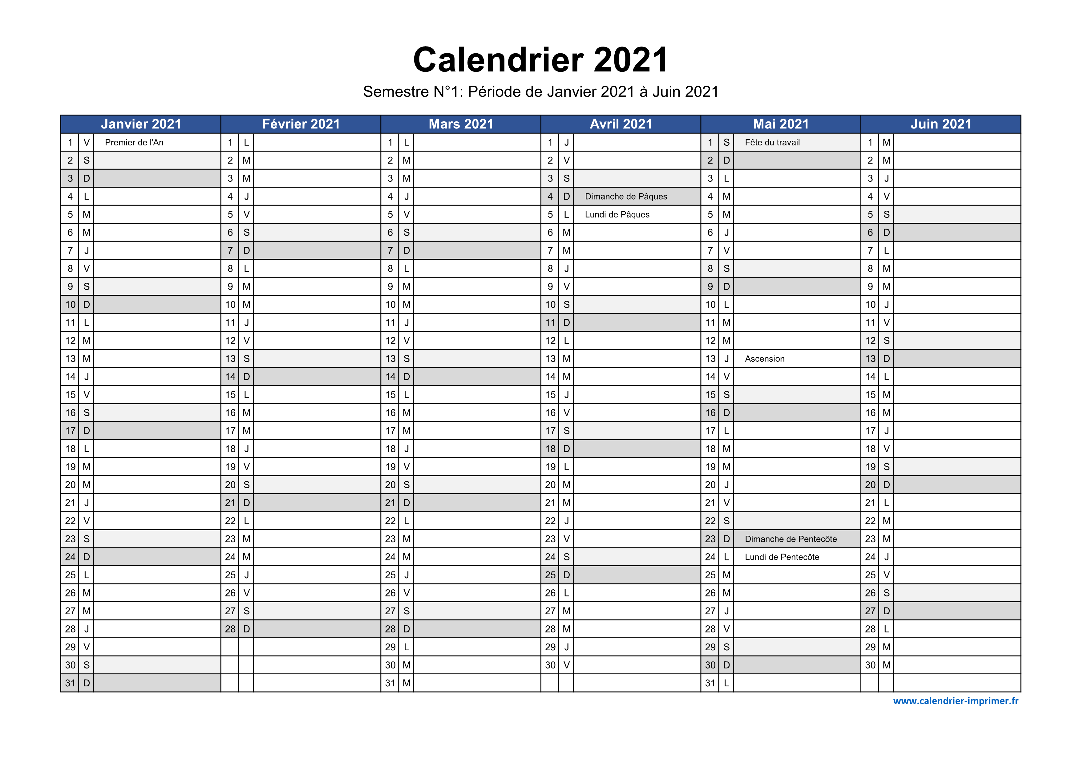 Calendrier planning mensuel 2021 vierge, format portrait, avec les