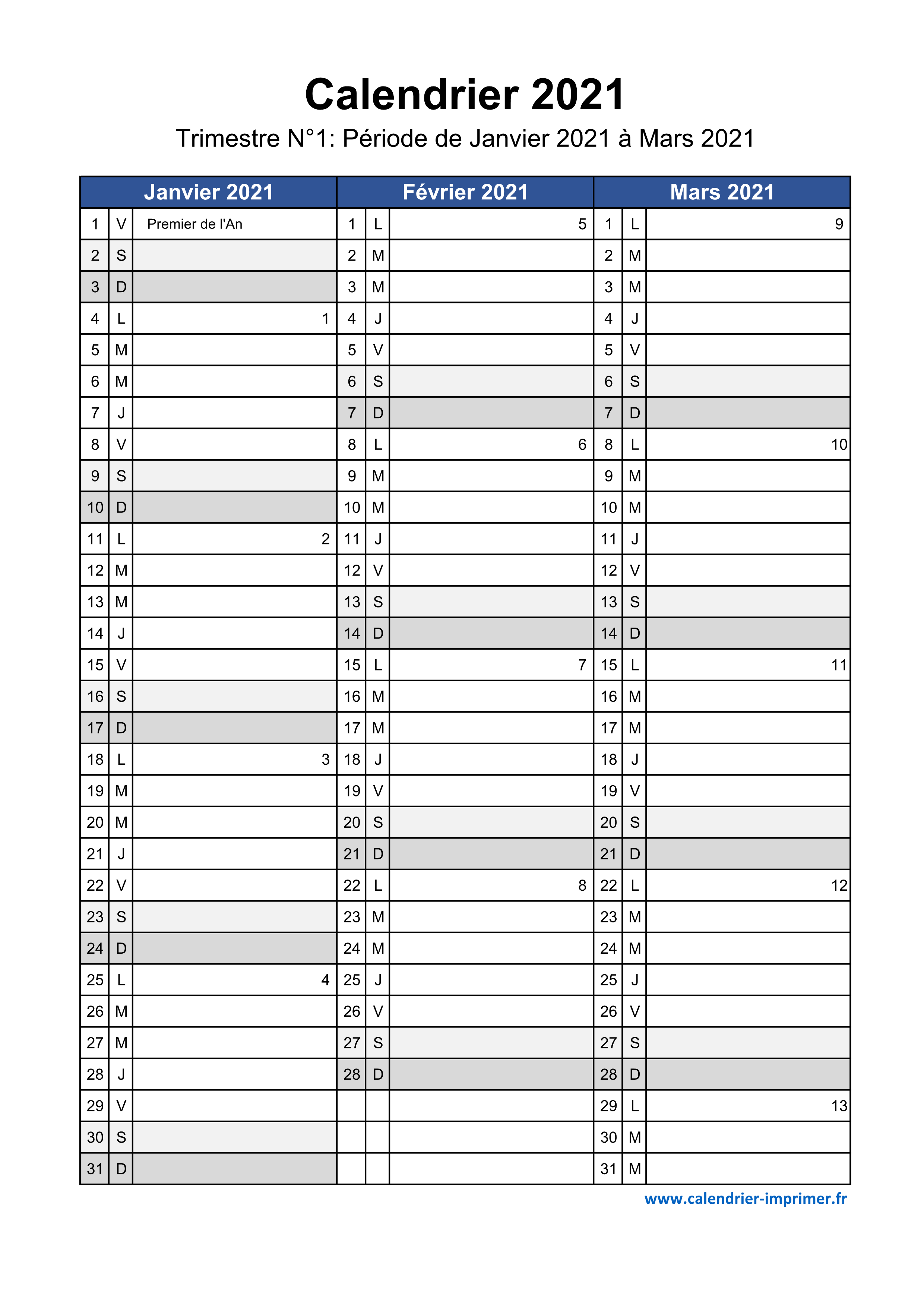 Numéro de semaine 2021 : liste, dates et calendrier 2021 avec semaine à  imprimer