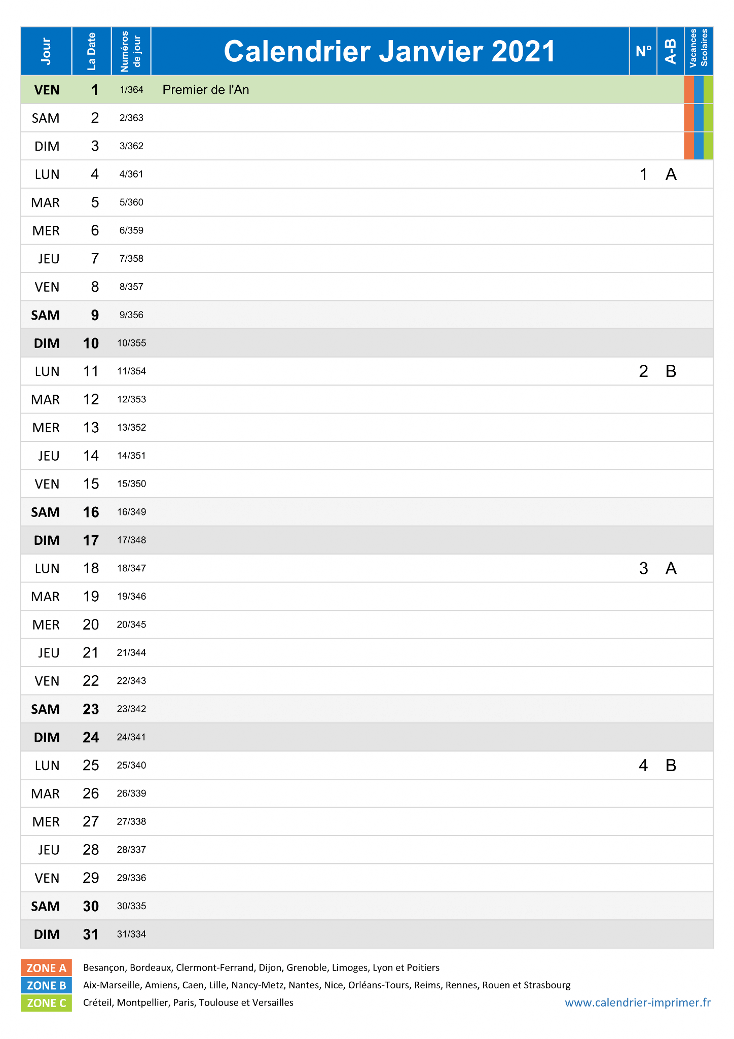 Calendrier planning mensuel 2021 vierge, format portrait, avec les