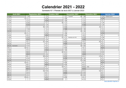 Calendrier Août 2021 à Juillet 2022 Semestre