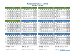 Calendrier Août 2021 à Juillet 2022 Vacances Horizontal