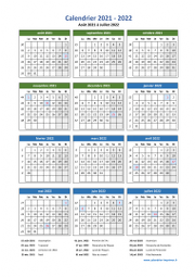Calendrier Août 2021 à Juillet 2022 Vacances Vertical
