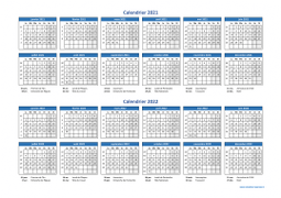 Calendrier Janvier 2021 à Décembre 2022 Horizontal Modèle 01