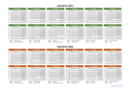 Calendrier Janvier 2021 à Décembre 2022 Horizontal Modèle 02
