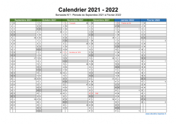 Calendrier Septembre 2021 à Août 2022 Semestre