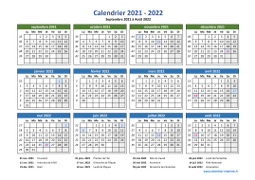 Calendrier Septembre 2021 à Août 2022 Vacances Horizontal