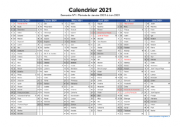 Calendrier 2021 par semestre avec fêtes