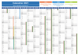Calendrier 2021 avec vacances scolaires pour les zones A, B, C