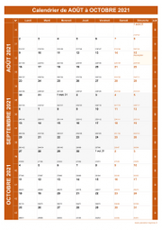 Calendrier pour les mois de Août à Octobre 2021 portrait 1