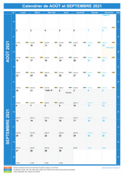Calendrier scolaire pour Août et Septembre 2021 portrait 1