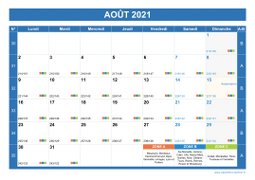 Calendrier aout 2021 paysage avec vacances, jours fériés et numéros de semaine