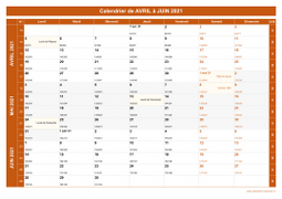 Calendrier pour les mois de Avril à Juin 2021 paysage 1