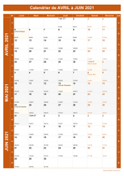 Calendrier pour les mois de Avril à Juin 2021 portrait 1