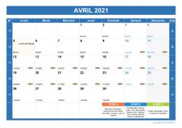 Calendrier avril 2021 paysage avec vacances, jours fériés et numéros de semaine