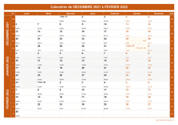 Calendrier pour les mois de Décembre 2021 à Février 2022 paysage 1