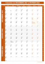 Calendrier pour les mois de Décembre 2021 à Février 2022 portrait 1
