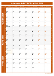 Calendrier pour les mois de Février à Avril 2021 portrait 1