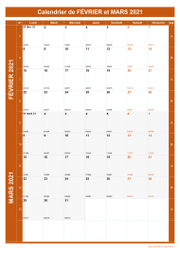 Calendrier pour les mois de Février et Mars 2021 portrait 1