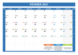Calendrier fevrier 2021 paysage avec vacances, jours fériés et numéros de semaine