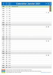 Calendrier janvier 2021 portrait avec vacances, jours fériés et numéros de semaine
