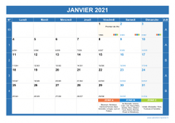 Calendrier janvier 2021 paysage avec vacances, jours fériés et numéros de semaine