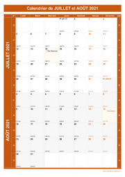 Calendrier pour les mois de Juillet et Août 2021 portrait 1