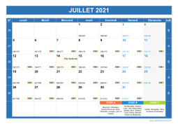 Calendrier juillet 2021 paysage avec vacances, jours fériés et numéros de semaine