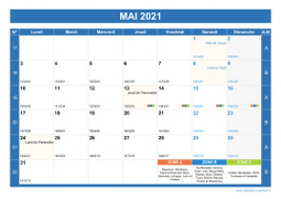 Calendrier mai 2021 paysage avec vacances, jours fériés et numéros de semaine