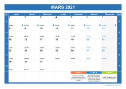 Calendrier mars 2021 paysage avec vacances, jours fériés et numéros de semaine