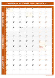 Calendrier pour les mois de Novembre 2021 à Janvier 2022 portrait 1
