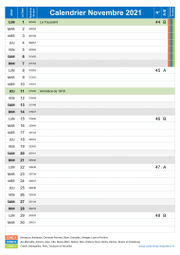 Calendrier novembre 2021 portrait avec vacances, jours fériés et numéros de semaine
