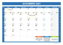 Calendrier novembre 2021 paysage avec vacances, jours fériés et numéros de semaine