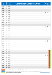 Calendrier octobre 2021 portrait avec vacances, jours fériés et numéros de semaine