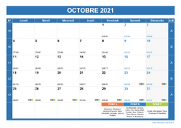 Calendrier octobre 2021 paysage avec vacances, jours fériés et numéros de semaine