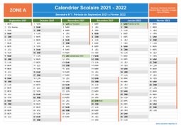 Calendrier scolaire 2021-2022 avec jours fériés de la Zone A à imprimer - 1er et 2nd semestre