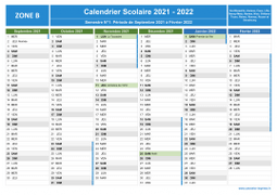 Calendrier scolaire 2021-2022 avec jours fériés de la Zone B à imprimer - 1er et 2nd semestre