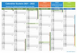 Calendrier scolaire 2021-2022 avec jours fériés et numéros de semaine - Zones A-B-C - 1er semestre