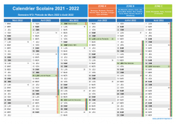 Calendrier scolaire 2021-2022 avec jours fériés et numéros de semaine - Zones A-B-C - 2nd semestre