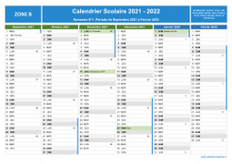 Calendrier scolaire 2021-2022 avec jours fériés et numéros de semaine - Zone B - 1er semestre