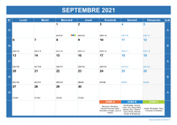 Calendrier septembre 2021 paysage avec vacances, jours fériés et numéros de semaine