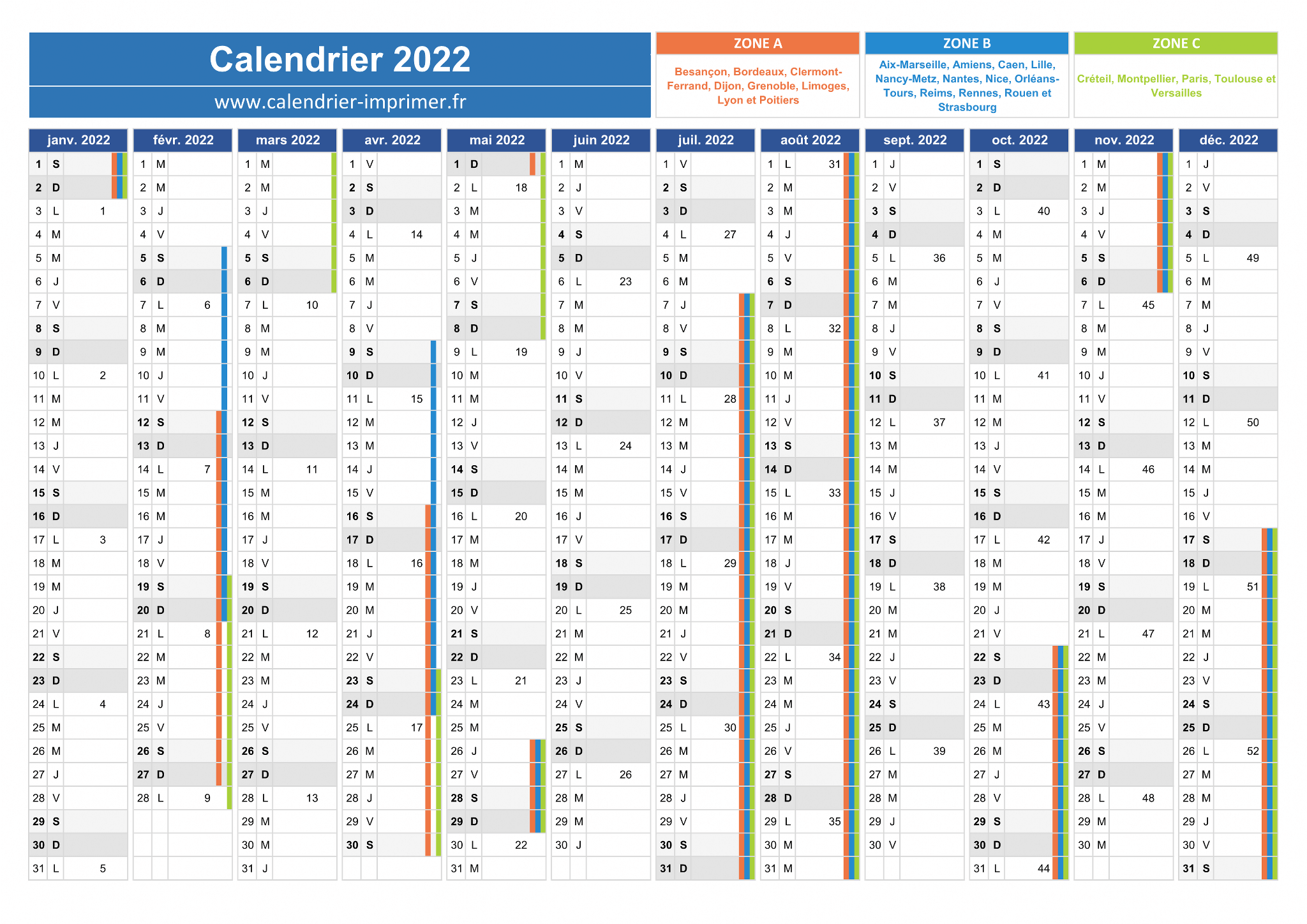 Calendrier 2022 avec vacances scolaires et jours fériés à imprimer